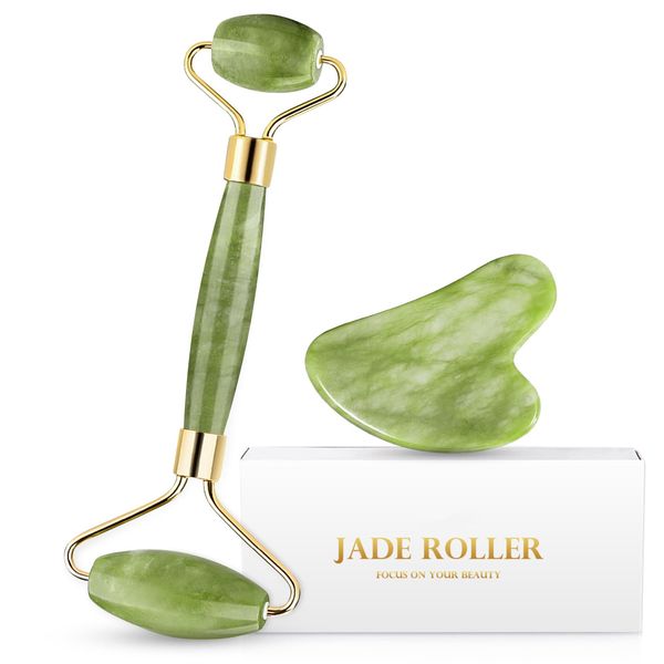 EUASOO Jade Roller & Gua Sha Set Facial Massager for Eyes, Neck and Whole Body Muscles, Can Eliminate Puffiness, Wrinkles, Tighten The Skin, Relax The Muscles of Gua Sha Massage Tools