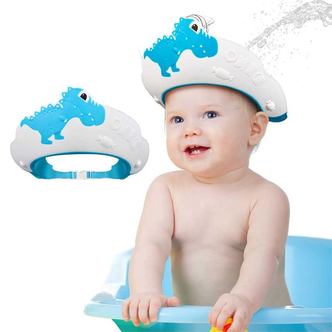 Duschhaube Kinder Baby Verstellbare Dinosaurier-Form Haare Waschen Kinderschutz Schild Shampoo Schutz Baby-Visier für Augen, Ohren und Gesicht - KAMHBE (Dinosaurier-Blau)