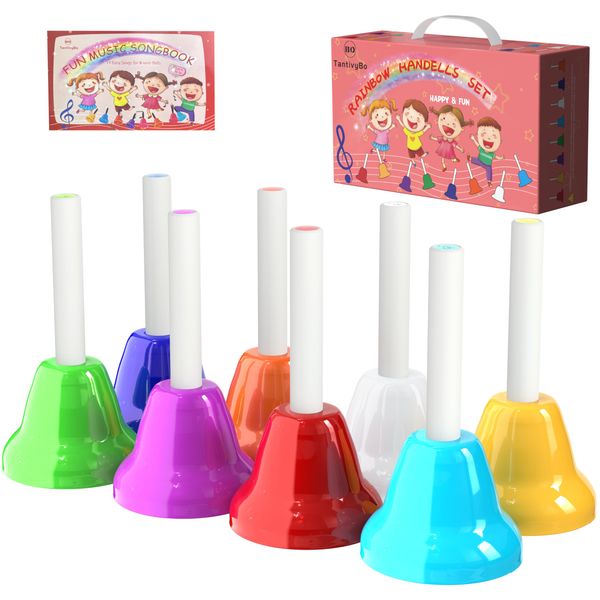 Hand Bells, 8 Note Musical Handbells Set with 17 Songbook Musical Toy Percussion Instrument for Toddlers Children Kids for Children's Day Family Activity School and Church (Multicolored)