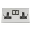 Double Plug Socket 2 Gang - Satin Chrome - Square - Black - Metal Rocker Switch - 13 Amp