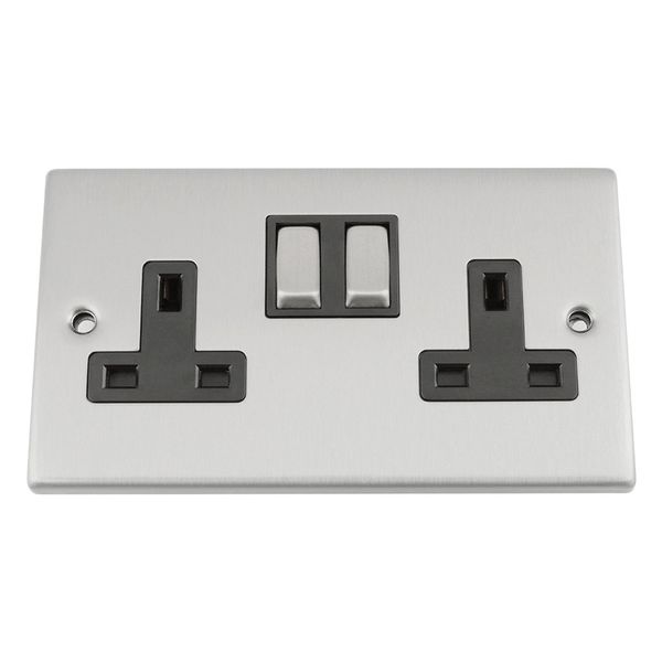 Double Plug Socket 2 Gang - Satin Chrome - Square - Black - Metal Rocker Switch - 13 Amp