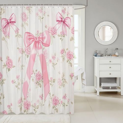 Manfei Pink Bowknot Shower Curtains Watercolor Rose Flower Bathroom Curtains for Kids Girls Room Decor, Pink Bow Floral Waterproof Bath Curtains with 12 Hooks Suits for Bathtub, 72" W x 84" L