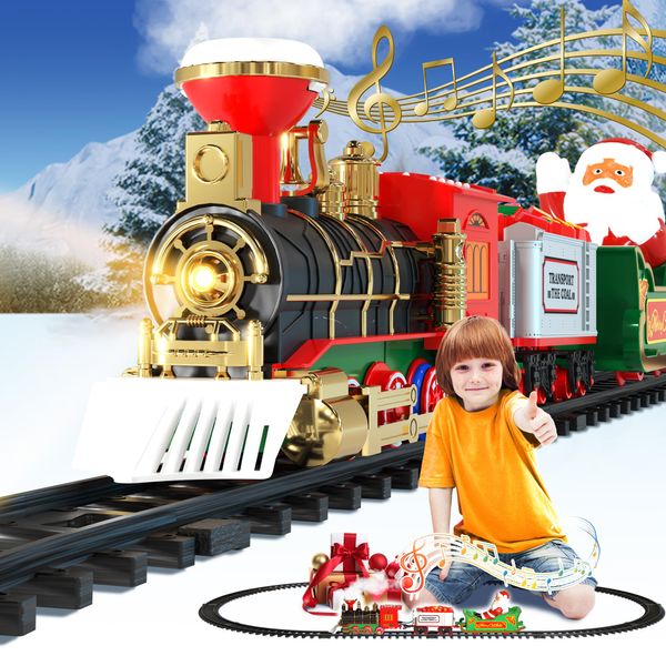 TUSEASY Train Set for Under Christmas Tree, Electric Train Toys with Steam Smoke & Light & Sound (On/Off) & Tracks, Birthday Gifts for 3 4 5 6 7 8+ Years Old Boys Kids, Trains for Toddlers 3-5