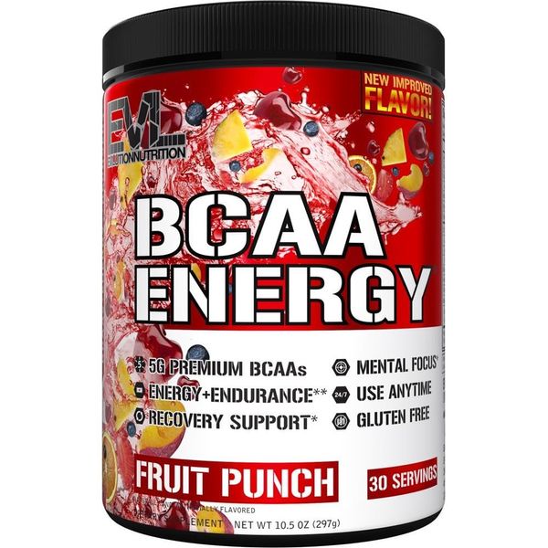 EVL BCAAs Amino Acids Powder - BCAA Energy Pre Workout Powder for Muscle Recovery Lean Growth and Endurance - Rehydrating BCAA Powder Post Workout Recovery Drink with Natural Caffeine - Fruit Punch