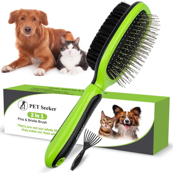 PET Seeker Double Sided Dog Brush/Cat Brush, Dog Brushes for Grooming with Free Cleaning Tool, Dog Grooming Brush with Rounded Pins & Bristles, Dog Brushes for Shedding with Anti Slip Handle