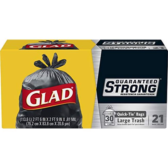  Glad Guaranteed Strong Large Quick-Tie Trash Bags, 30 Gallon,  21 Count : Health & Household