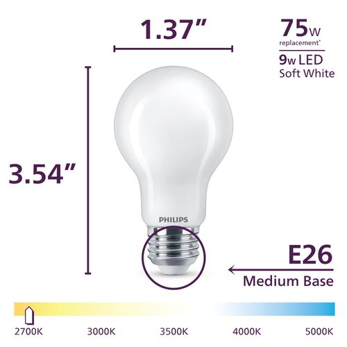 Philips LED 75W A19 8-Pack Ultra Definition Soft White (2700K) 1100 Lumen (9W = 75W) Dimmable Frosted Flicker-Free Light Bulbs