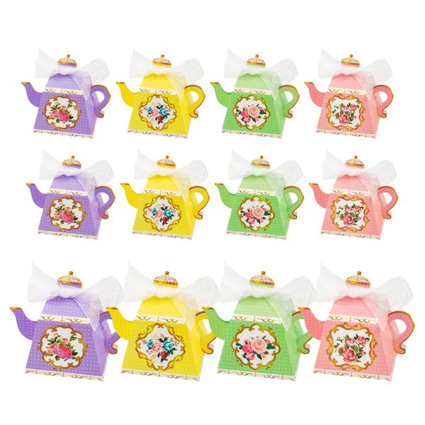 OPUHOHR 12PCS Flower Tea Party Gift boxes, Vintage Teapot Candy Boxes, Paper Candy Treat Boxes for Tea Garden Wedding Bridal Birthday Baby Shower