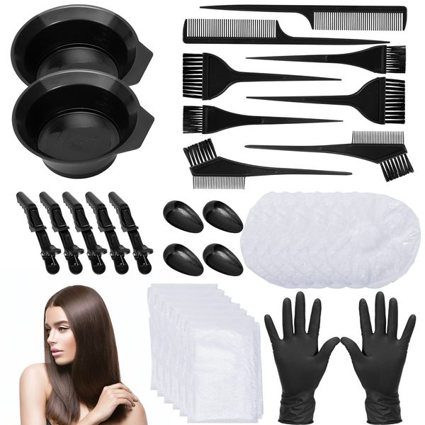 33 Pieces Hair Dye Brush And Bowl Set,Hair Dye Brush/Comb,Hair Tinting Bowl,Ear Cover,Shower Cap,Shawl, Alligator Clip,Gloves For Hair Coloring，Bleaching Hair DIY Salon Hair Coloring Kit