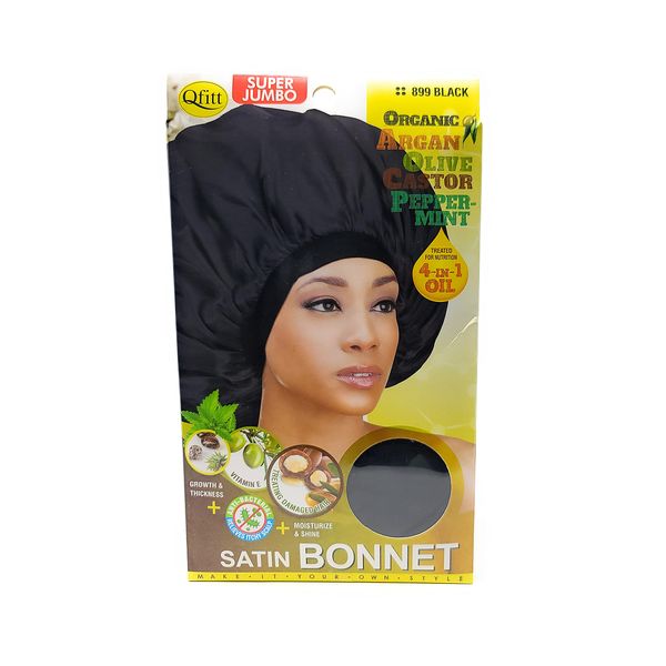 Qfitt Organic Argan + Shea Butter Olive Oil Super Jumbo Satin Bonnet #899 Black