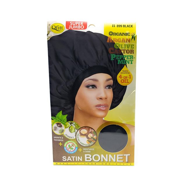 Qfitt Organic Argan + Shea Butter Olive Oil Super Jumbo Satin Bonnet #899 Black