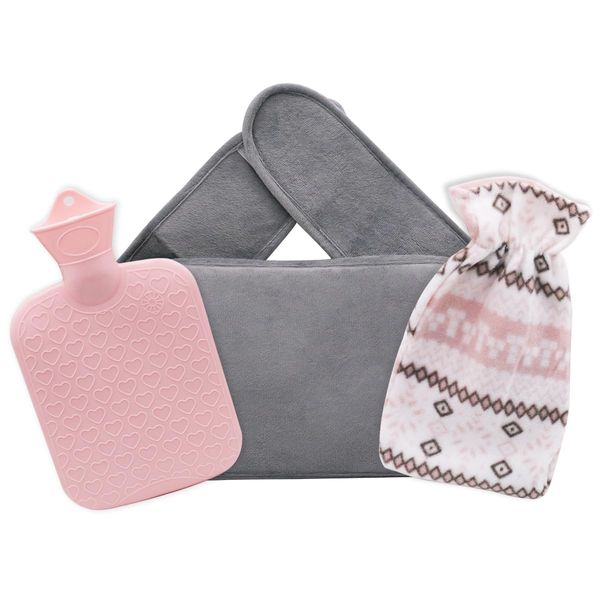 Hot Water Bottle, 3Pcs Hot Water Bottle with Cover, Hot Water Bag, Prime Natural Rubber & Soft Artificial Plush Fur Water Cover, Help for Pain Relief, Waist, Back, Neck and Shoulders (Grey)