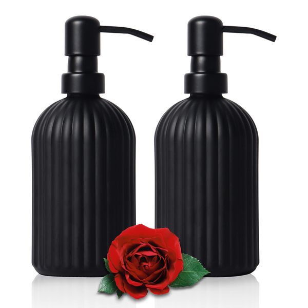 2 Pack Glass Soap Dispensers, 400 ML/14Oz Pump Bottle Dispenser, Refillable Hand Soap Dispenser Bottle for Kitchen, Bathroom, Laundry Room (2 PCS Matte Black)