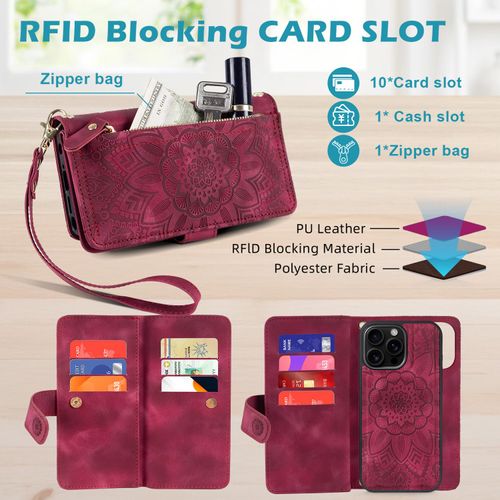 Harryshell for iPhone 14 Pro Max Detachable Magnetic Case Wallet,Compatible with Magsafe Wireless Charging, [ RFID Blocking ] Card Slots, Cash Zipper Pocket Wrist Strap (Floral Wine Red)