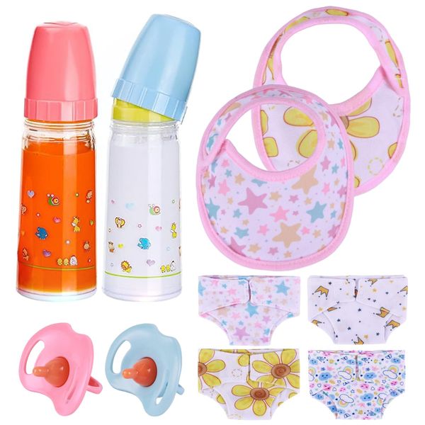 BABESIDE 10 Pcs Baby Doll Diaper Set Include Baby Doll Bottles with Disappearing Milk, Pacifier, Bibs, Diapers, Baby Doll Accessories Set, Pretend Play Feeding Toy for 12-15 Inches Dolls