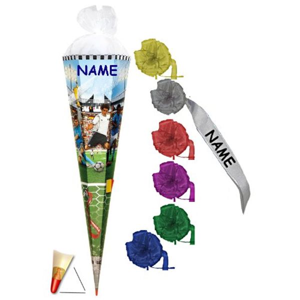 Schultüte - Soccer 70 cm - incl. Namen und individueller Schleife - mit Holzspitze/Tüllabschluß - Zuckertüte Roth Fußball Fussball Tor Bälle Torwart Sport S..