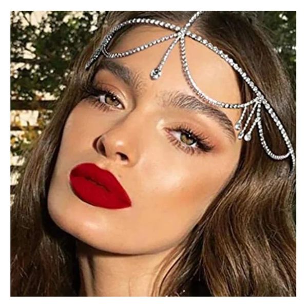 Rhinestone Waterdrop Head Chain Headwear Crystal Forehead Headband Wedding Bridal Hair Chain Headpiece for Women Hair Jewelry (Silver 2)