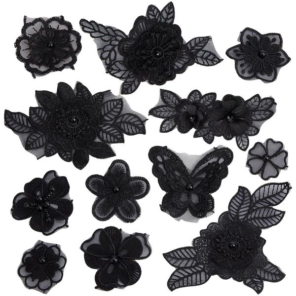 GORGECRAFT 12Pcs Black 3D Floral Embroidery Applique Butterfly Flower Lace Embroidered Computerized Embroidery Organza Sew On Patches with Plastic Beads for Clothes Decorating Wedding Dress