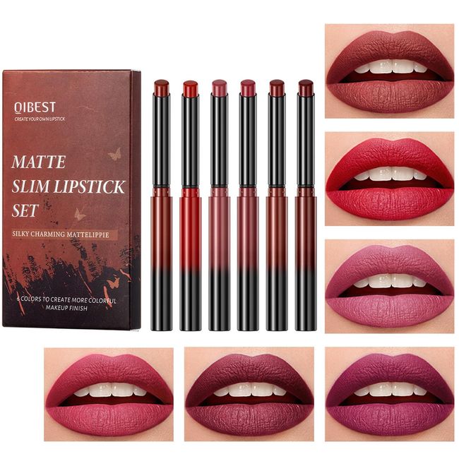 Gireatick 6 Colors Red Wine Purple Matte Lipstick Set, Waterproof Non Fading Long Lasting Velvet Lip Crayon Lip Pen Set for Women Girls