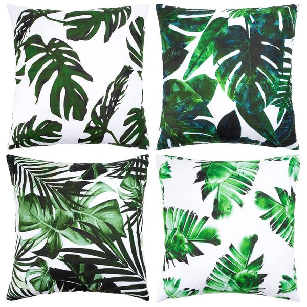 Yikki Set of 4 Cushion Covers 18x18 Inch, Waterproof Outdoor Cushion Covers, Tropical Leaves Pillow Cases, 45 x 45cm Decorative Thorw Pillow Covers, Sofa Pillowcases for Bedroom Office Car Home Decor