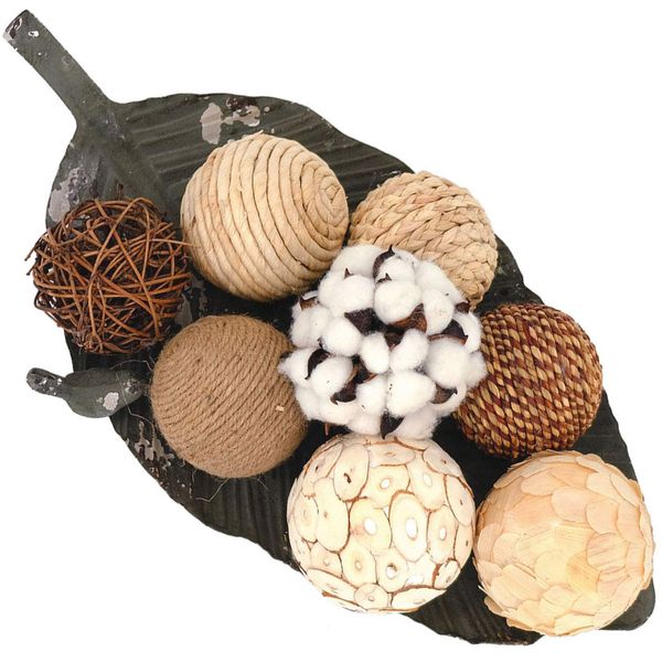 idyllic Decorative Balls for Bowls Natural Wicker 3 Inches Rattan Woven Twig Orbs, String and Cotton Balls Spherical Vase Fillers for Centerpieces - Bag of 8 Brown and White