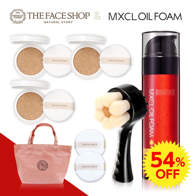 \Super SALE limited time price! / Face Shop Cushion Foundation Refill &amp; Cleansing Set<br> THE FACE SHOP CC Intense Cover Cushion EX [SPF50+ PA+++]<br> Includes 3 refills + 2 puffs + MXCL Oil to Foam RP &amp; facial cleansing brush + mini logo tote