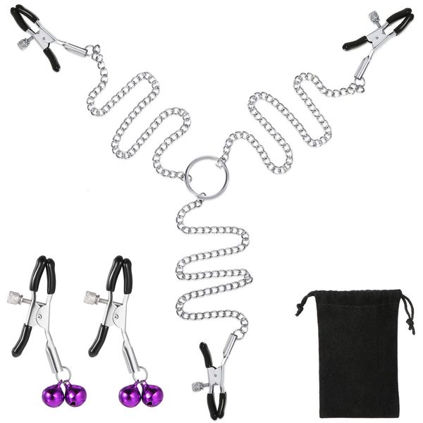 Women Chain with Adjustable Clamp Clips Non-Piercing Metal 3-Head Body Chain with 5 Adjustable Clips and 2 Pairs Bells Chain Clamps Decorative Clip for Clothing Accessories