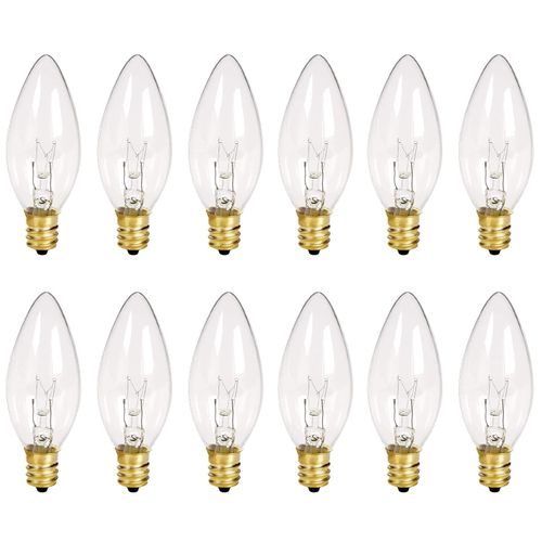 12 Pack Clear Torpedo Tip Replacement Bulbs, Replacement Light Bulbs for Electric Candle Lamps, Window Candles, Chandeliers- Clear Incandescent E12 Candelabra Base Light Bulbs- 120V 7 Watts Bulbs