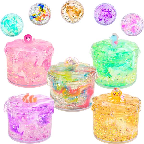 Crystal Clear Slime Kit, 5 Pack Slimes with Shells, Seahorses, Octopus, Jellyfish, Goldfish Marine Animals Cute Slime Charms, Scented DIY Putty Toy Gifts for Girls and Boys