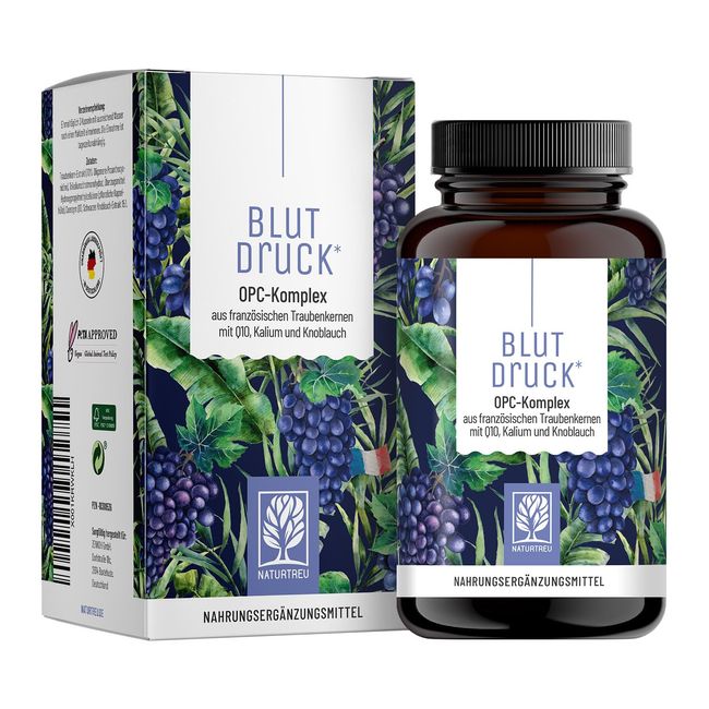 NATURTREU® Blutdruck OPC Traubenkernextrakt hochdosiert 900mg Extrakt mit Q10, Kalium & schwarzem Knoblauch - Französische Trauben vegan - 90 Traubenkernextrakt OPC Kapseln hochdosiert