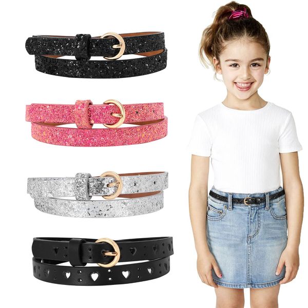 JASGOOD 4 Pack 3 Pack Kids Skinny Belts Glitter PU Leather Belt for Girls Colorful Girl Belt with Gold Buckle for Jeans Dress