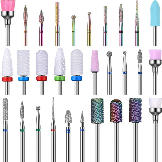 30 Pieces Nail Drill Bits Set 3/32 Inch Ceramic Efile Nail Drill Bits Diamond Cuticle Electric Nail File Carbide Cuticle Remover Bits for Home Salon Acrylic Gel Nail Manicure Pedicure Tools