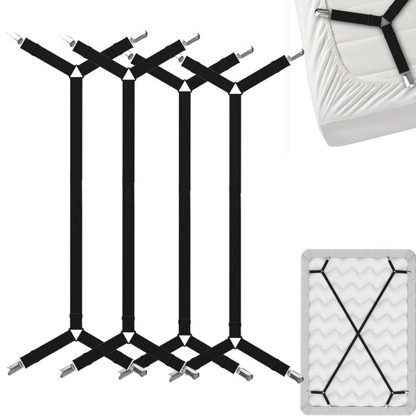 FeelAtHome Bed Sheet Holder Straps Criss-Cross - Sheets Stays Suspenders Keeping Fitted Or Flat Bedsheet in Place - for Twin Queen King Mattress Holders Elastic Clips Grippers Fasteners (4pcs, Black)