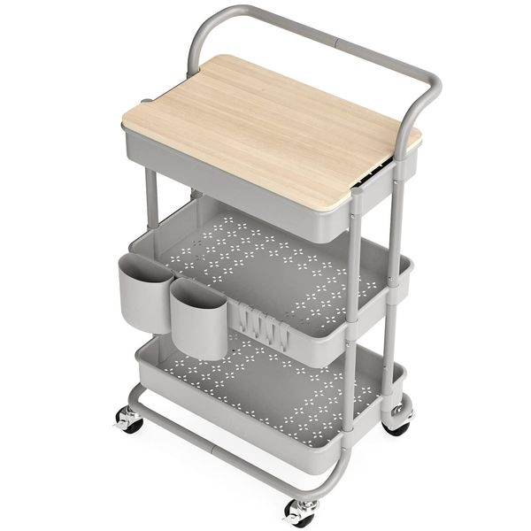 3 Tier Rolling Cart, with Table Top, Rolling Storage Cart with Handles and Lo...