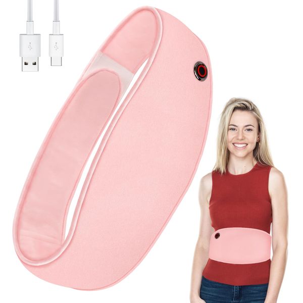 Electric Heat Pad Period Belt, Portable Heated Pad for Back Pain Relief, Menstrual Heating Pad USB Waist Belly Warmer Neck Shoulder Warming for Cramp, Stomachache, Dysmenorrhea, Machine Washable Pink