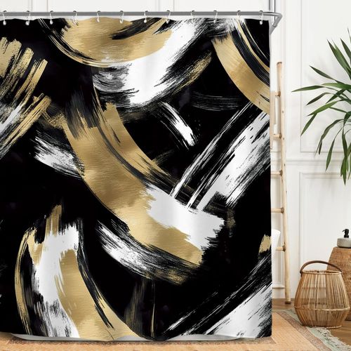 Miyotaa Abstract Modern Black Gold Shower Curtain Set 60Wx71H Inches Minimalist Neutral Contemporary Aesthetic Geometric Simple Art Waterproof Bathroom Curtain with 12 Hooks