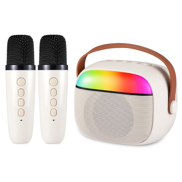 Mini Karaoke Machine for Kids and Adults, Portable Bluetooth Speaker with 2 Variable Sound Wireless Microphones for 4,5,6,7,8,9,12 + Girl, Kids Toys Birthday Gifts for 4-12 Years Old Girl Boys-Cream