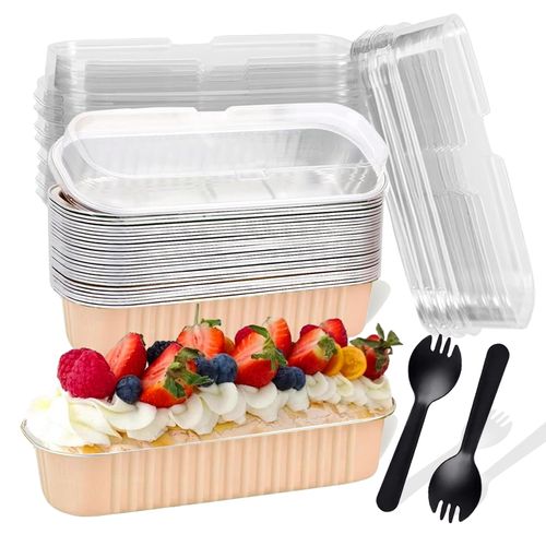 Fodofodo 20PCS Rectangle Mini Loaf Pans with Lids,Mini Cake Pans with Lids,Disposable Ramekins Baking Cups Muffin Tins Cupcake Cups for Wedding Party Birthday,6.8oz (Champagne)