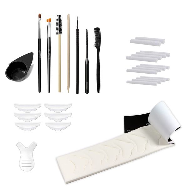 30 PCS TOOL KIT LASH LIFT AND LASH AND BROW TINTING APPLICATION SET MIXING BOWL, SLANTED BRUSH, RODS, SILICONE CURLERS, Y APPLICATOR, BRUSHES, STICK, AND EYE PROTECTION PADS FOR LASH LIFT AND TINTING