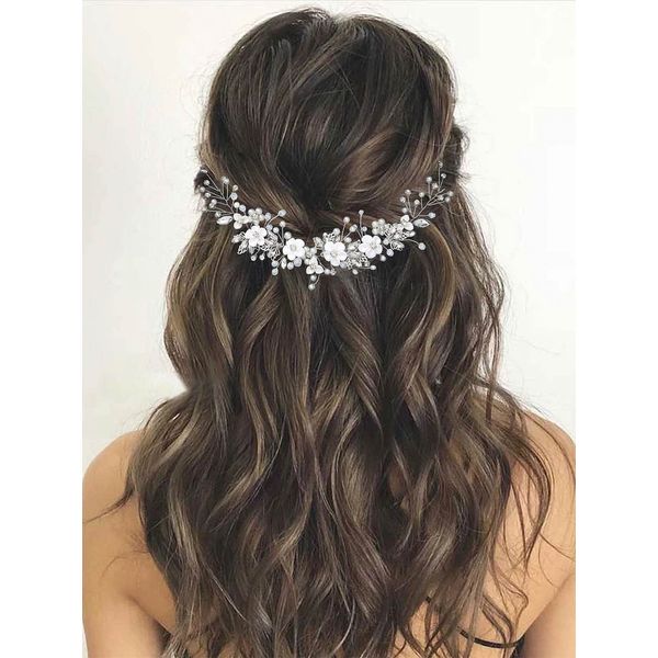 GORAIS Flower Bride Wedding Hair Vine Crystal Bridal Headpieces Pearl Hair Accessories for Women and Girls (A-Silver)