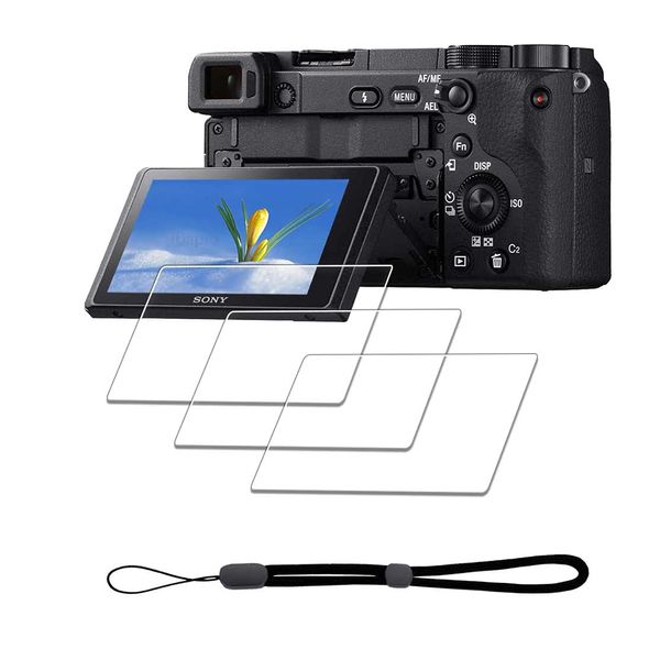 iDaPro Displayschutz schutzfolie für Sony Alpha A6600 A6400 A6300 A6100 A6000 A5000 + Handschlaufe [3+1Stück] Schutzglas Tempered Glass Screen Protector 9H Härte Gehärtetes Glas