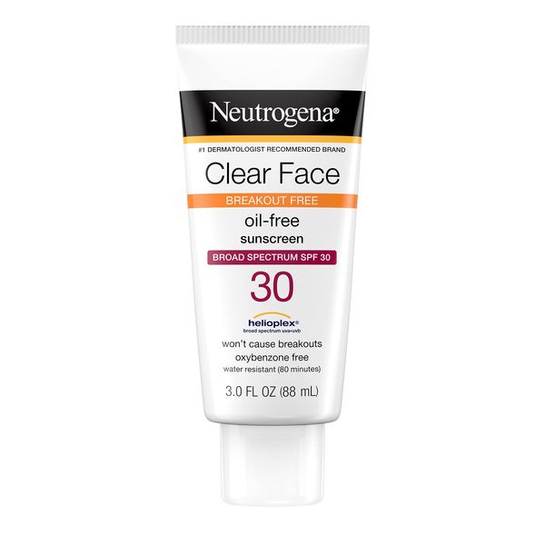 Neutrogena Clear Face Liquid Sunscreen for Acne-Prone Skin, Broad Spectrum SPF 30 Sunscreen Lotion with Helioplex, Oxybenzone-Free, Oil-Free, Fragrance-Free; Non-Comedogenic, 3 fl. oz