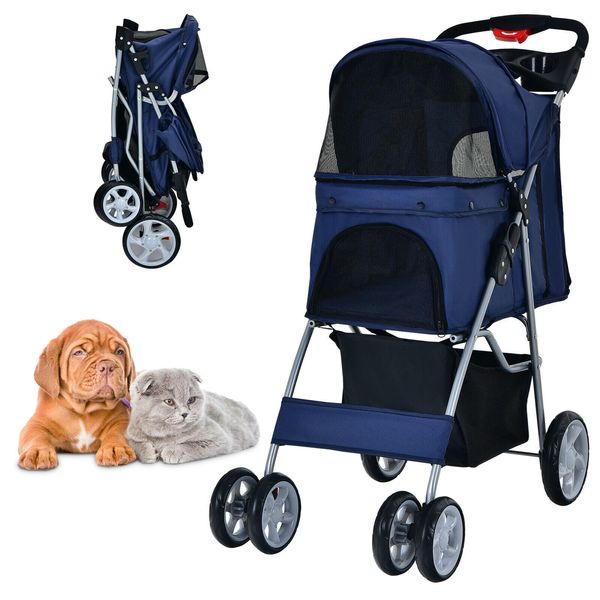 Folding Pet Stroller 4-Wheel Pet Travel Carrier w/Storage Basket Navy