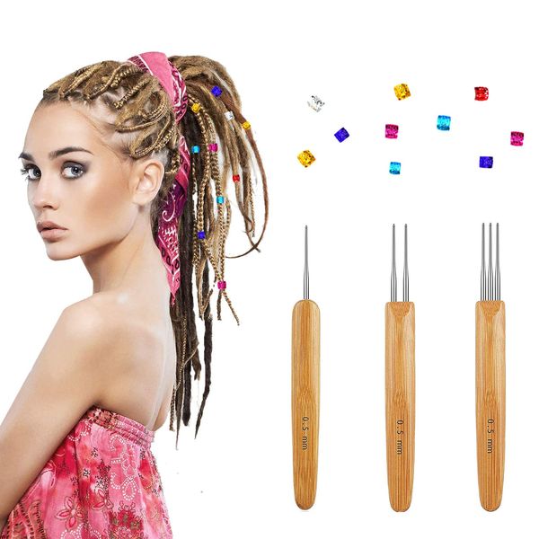 Dreadlock Häkelnadel Häkelnadeln für Dreadlocks Häkelnadeln für Haare Dreadlocks-Haken Dreadlock-Hakenset Braid Hair Weaving Tool 0,5 mm (1 Haken und 2 Haken und 3 Haken) mit 10 Dreadlocks Schmuck