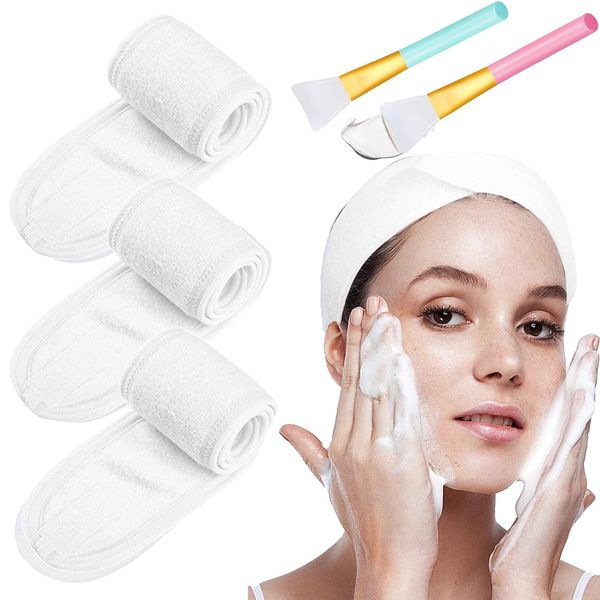 3 Stück Makeup Haarband, Verstellbares Stretch-Handtuch mit Magic Tape mit 2 Stücke Silikonpinsel, Spa Gesicht Stirnband für Schminken und Gesicht Waschen Frottee Haarband(Weiß)