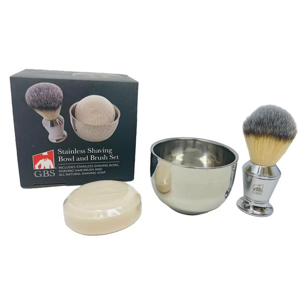 G.B.S Stainless Shaving Soap Bowl, Synthetic Stainless Brush, Luxurious Classy Modern Finish, 3 Pieces