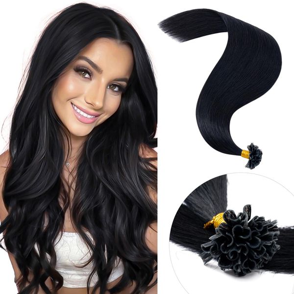 U Tip Human Hair Extensions Pre Bonded Keratin 1g - 100% Remy Hair Extension - 50 Strands (22"-50g, #1 Jet Black)