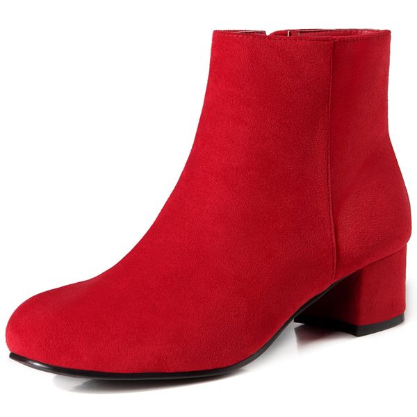 CAMSSOO Women's Suede Booties Low Mid Block Heel Ankle Boots Slip On Side Zippers Round Toe Short Boots Red Faux Suede US8.5 CN40