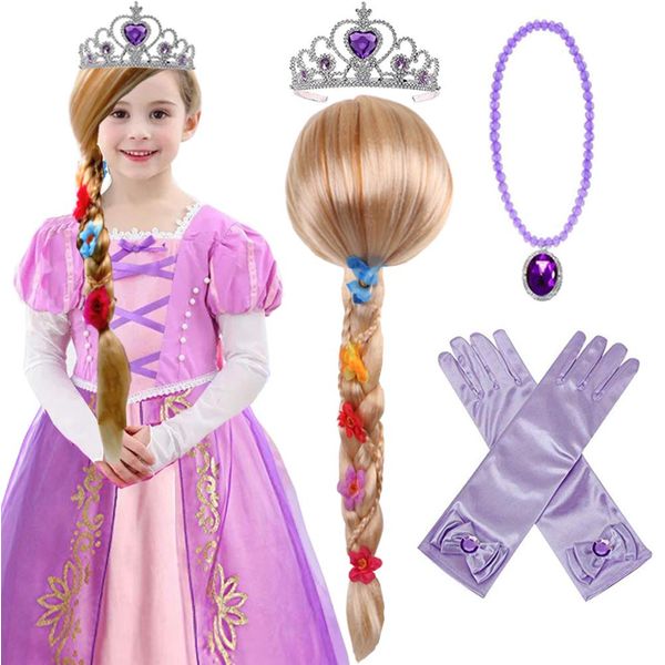 Princess Rapunzel Wig Rapunzel Braid with Princess Tiara Necklace Gloves Princess Rapunzel Dress Up Costume Cosplay Accessories for Kids Girls