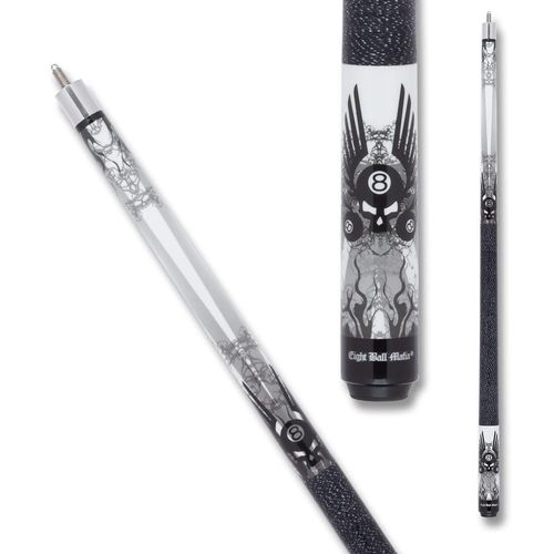Eight Ball Mafia EBM01 Pool Cue - Black and White Grunge Graphic Eight Ball and Skulls - 20oz